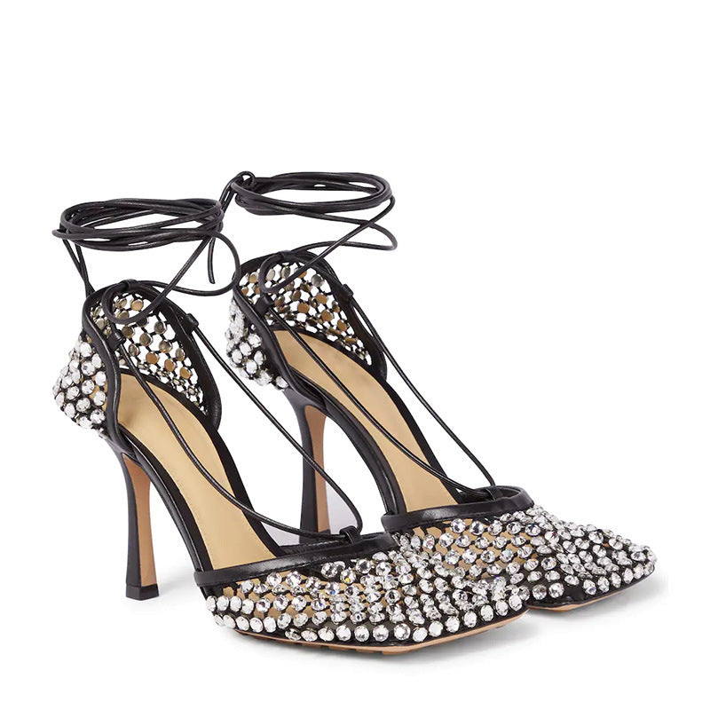 Rhinestone Mesh High Heels Square Toe Stiletto Strap Large Size French Sandals