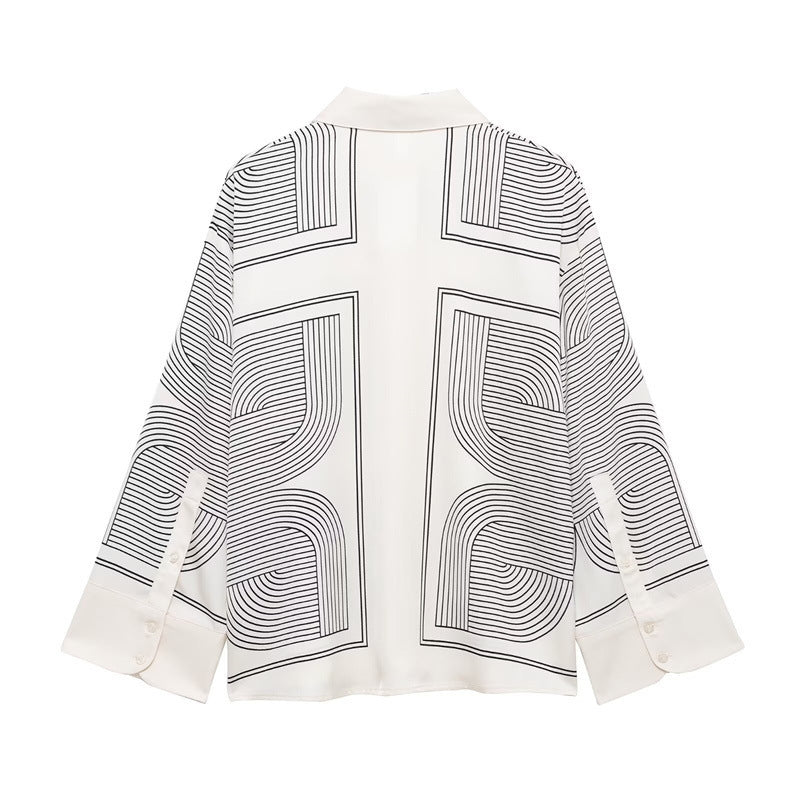 New European And American Style Women's Fashion Casual Printing Diagonal Cloth Shirt