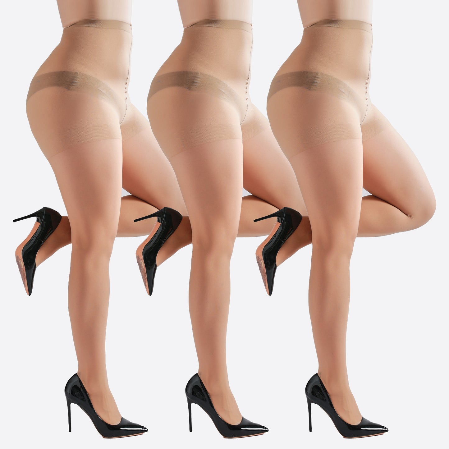 3 Pairs Plus Size Womens Sheer Tights 20D High Waist Control Top Pantyhose With Reinforced Toes