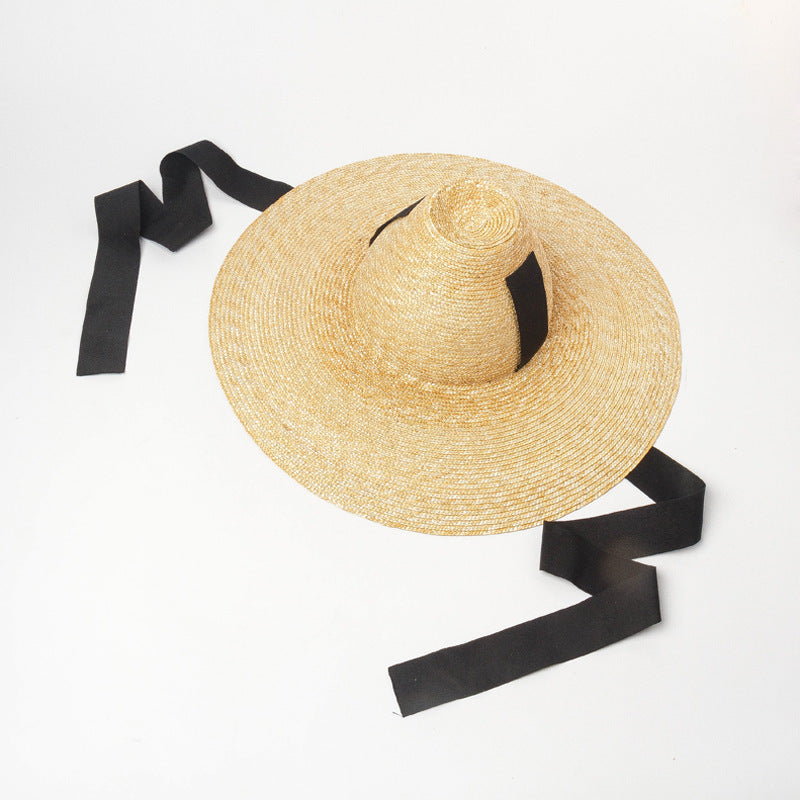 Women's Outdoor High Top With Straps Hand-knitted Straw Hat With Large Eaves