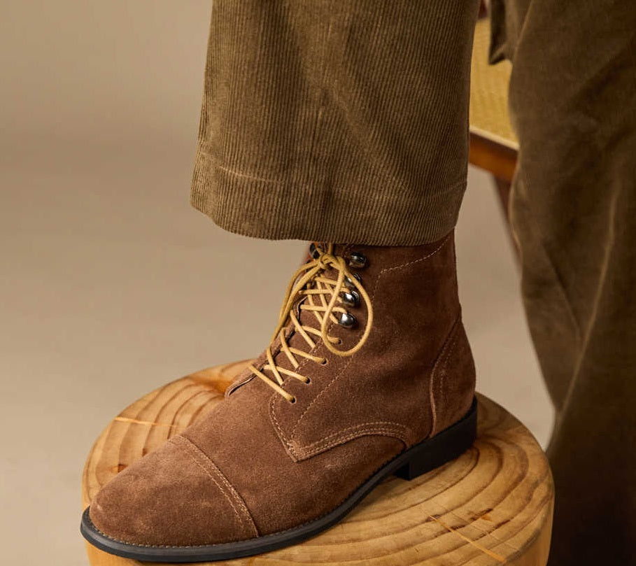 Handmade High-top Retro Men's Suede Genuine Leather Elevator Shoes