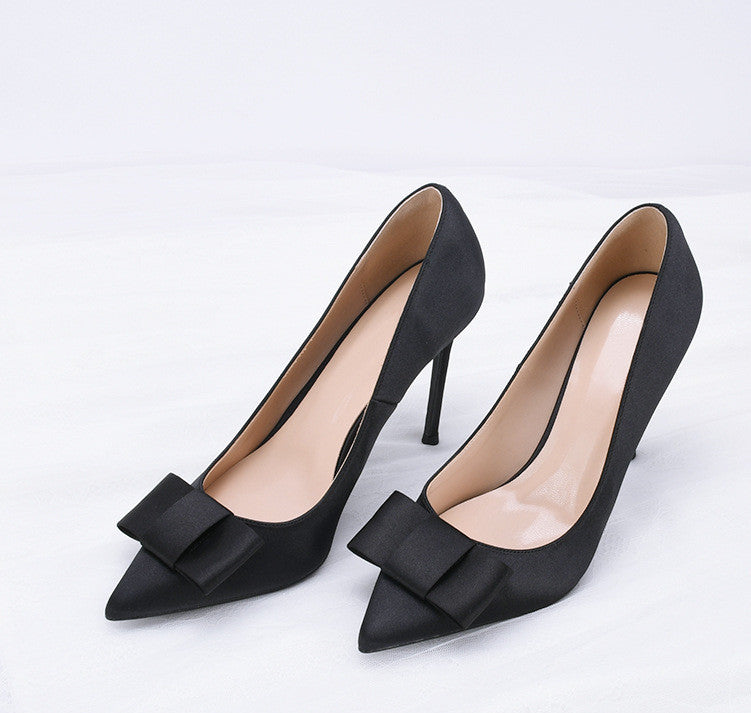 Bowknot Black Satin Pointed Stiletto Heels