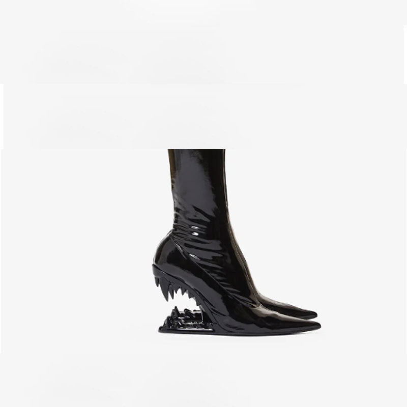 Metal Hollow Fangtooth Giant Tooth Tiger Tooth Profiled Heel Knitted Elastic Bootie