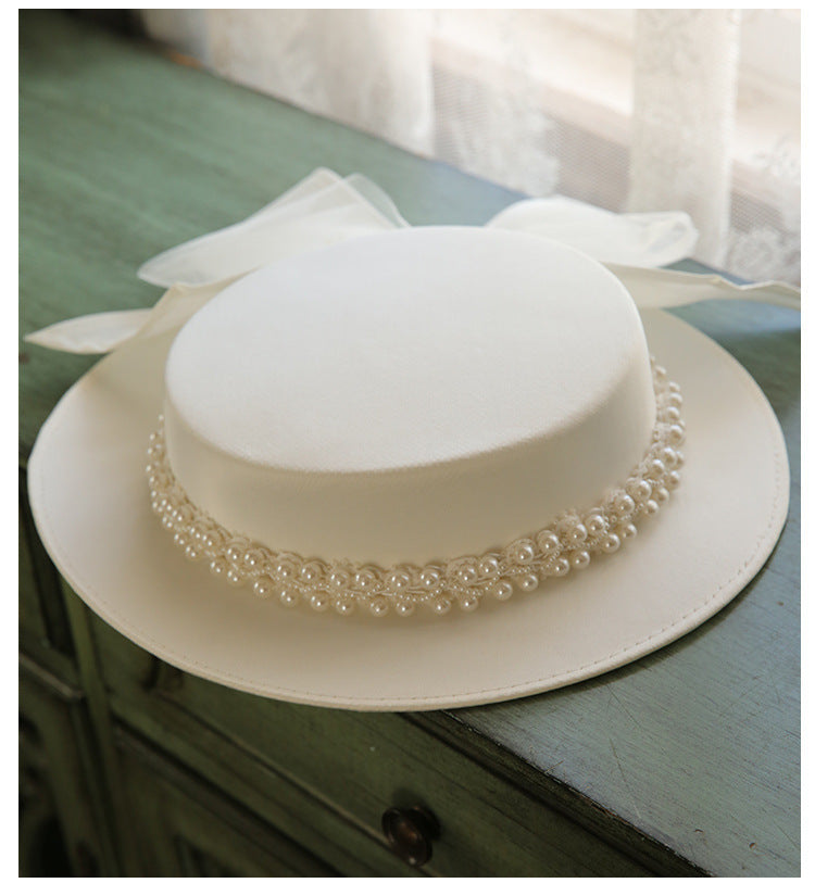 French Elegant Pearl Flat Top Hat Women