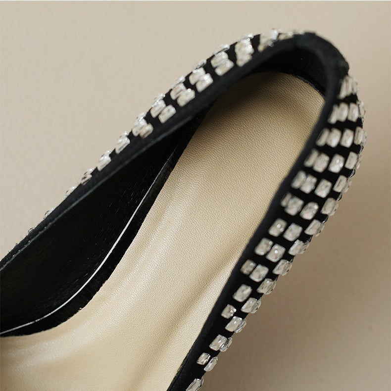 Black Rhinestone French Sheepskin Pointed Fine Heel Small High Heels