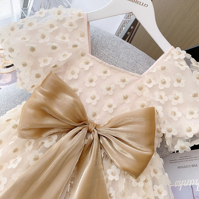 Flower Cut Princess Dress Puff Sleeve Little Girl