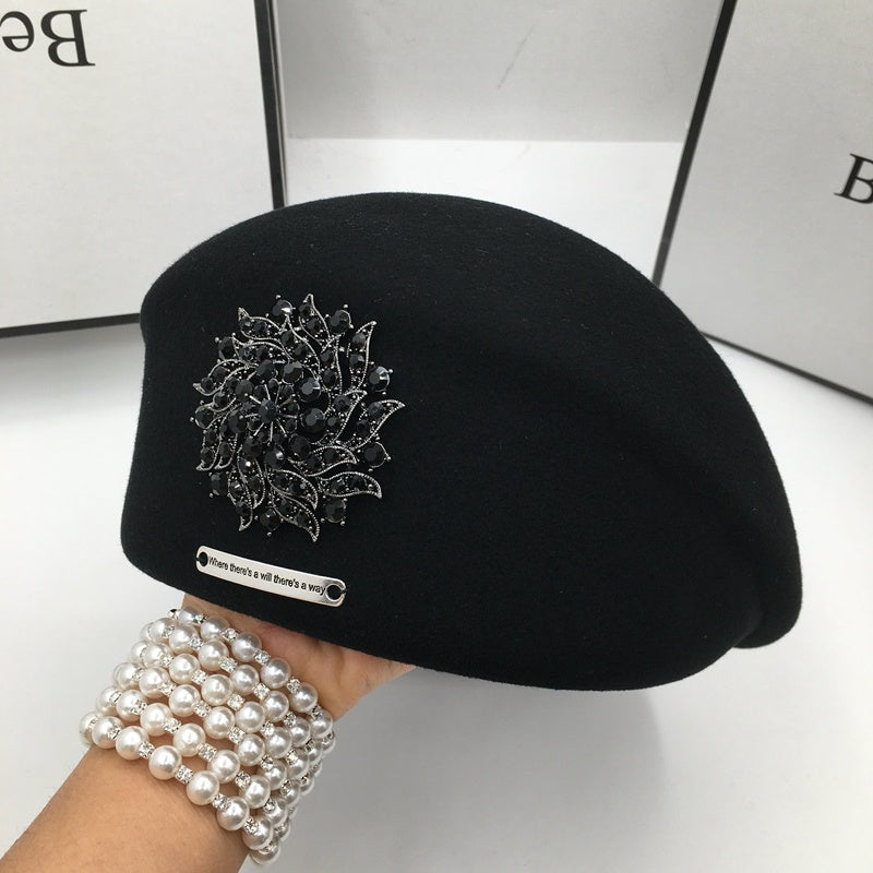 Celebrity Elegant Bright Diamond Woolen Black Beret