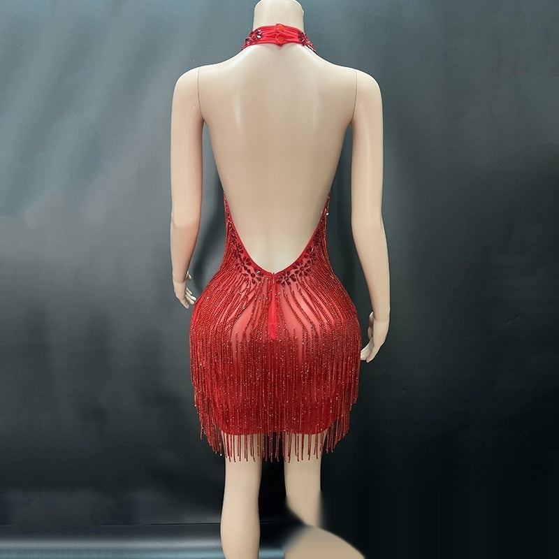 Heavy Industry Diamond Decorations Chain Sexy Backless Vacation Style Dress