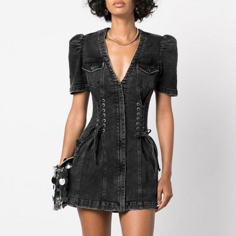 Ladies Fashion A-Line Short Denim Dress