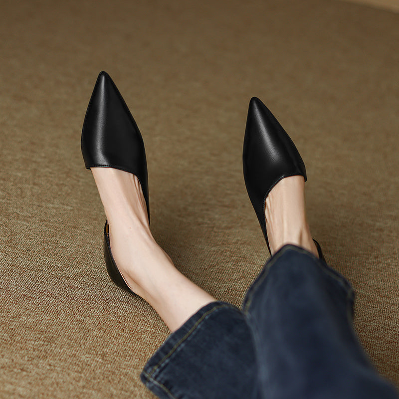Women's Genuine Leather French Retro Pumps With Low Heels
